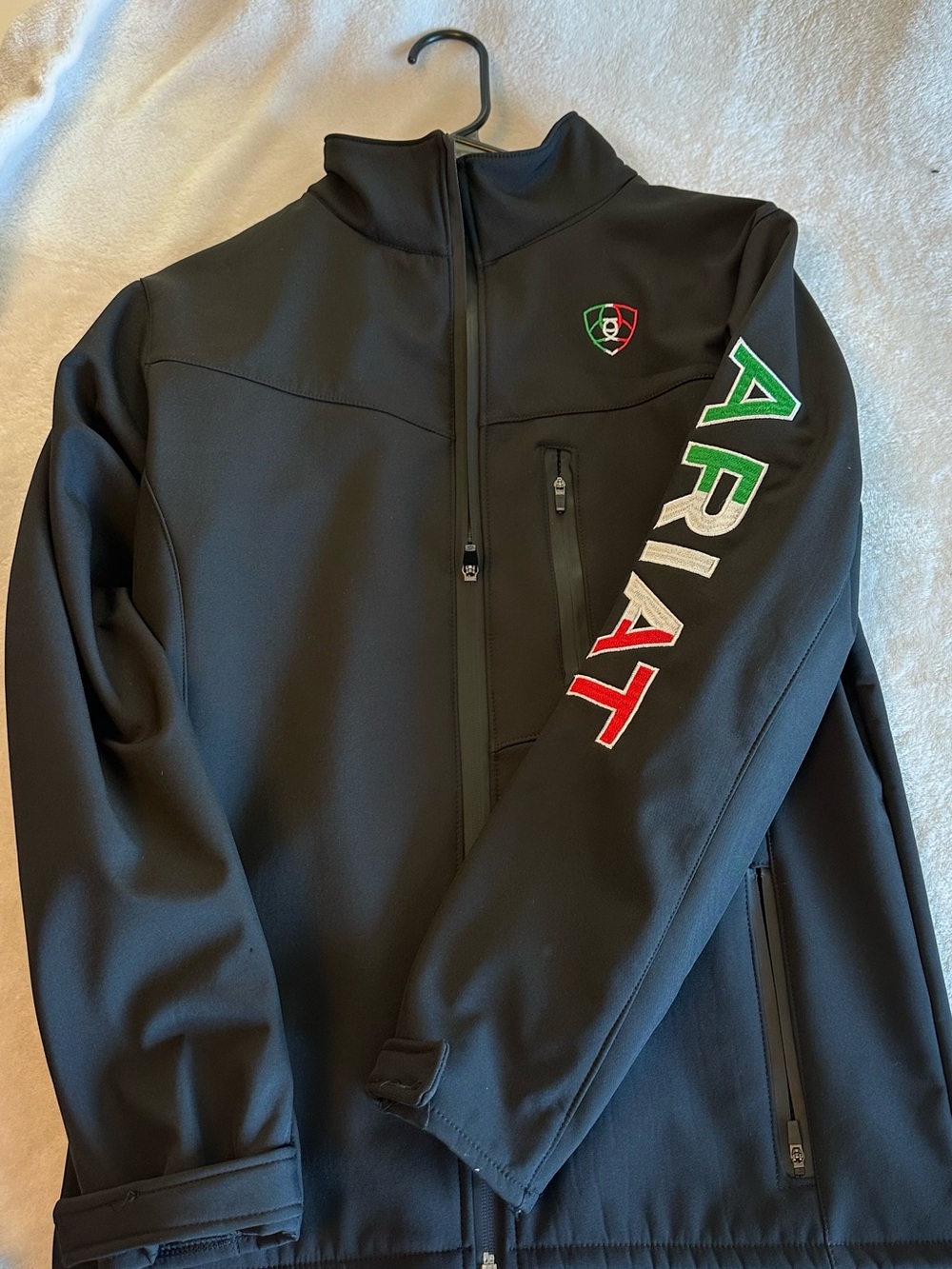Ariat Black Softshell Jacket with Green, White & Red Logo